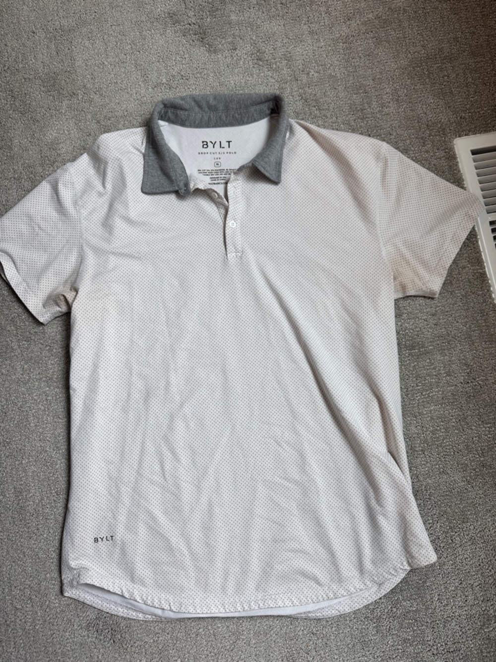 BYLT Basics Men’s White Polo with Gray Contrast Collar Drop Cut XL